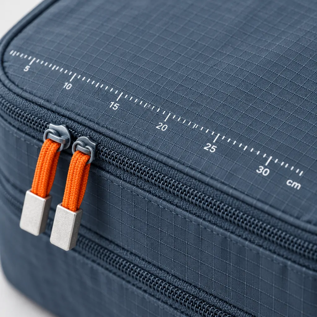 Close-up of the printed centimetre scale and zip pull