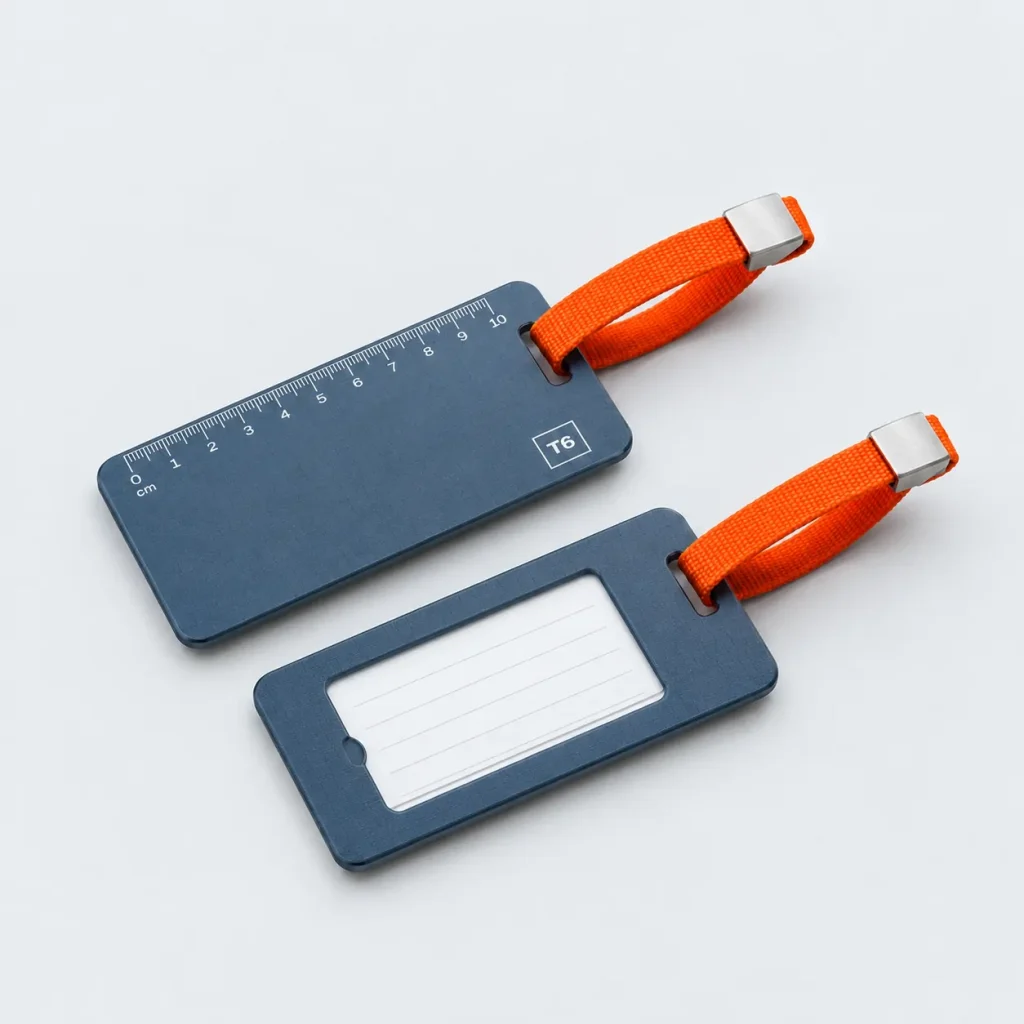 Aluminium Ruler Tag Pair, opened to show what fits inside
