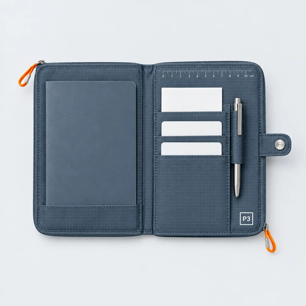 Boarding Folio, opened to show what fits inside