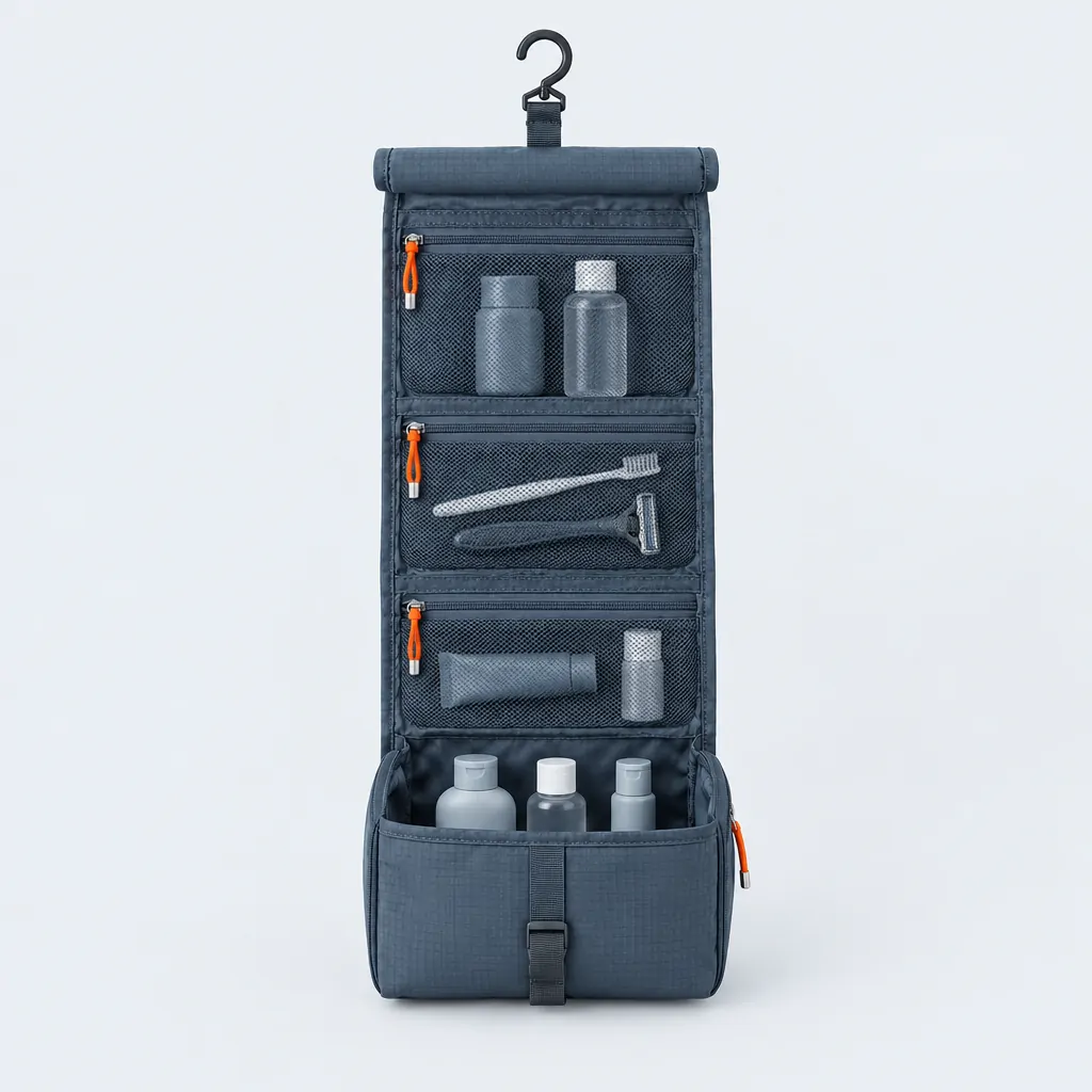 Hanging Toiletry Kit, opened to show what fits inside
